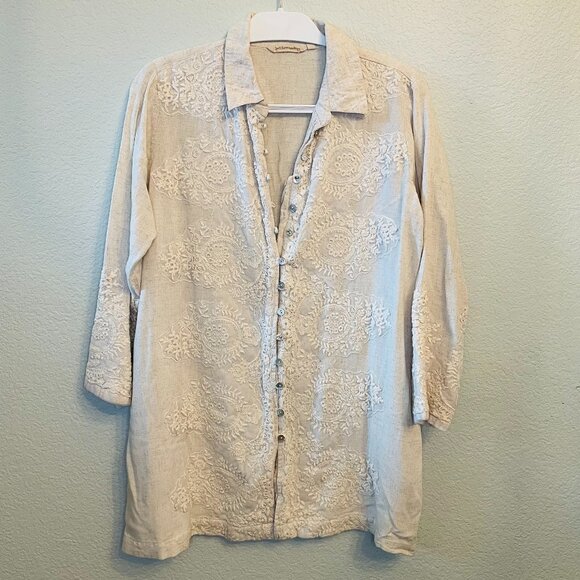 Soft Surroundings Tops - Soft Surroundings Beige Cream Embroidered Button Down Boho Neutral Tunic | XL